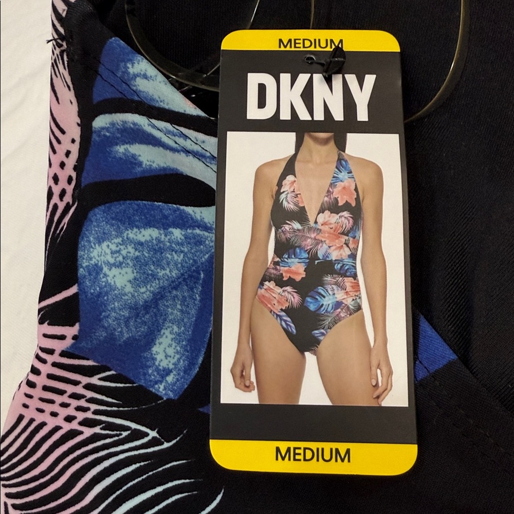 DKNY Ladies Swimsuit Halter Shirred Tropical floral Print a one Piece Size M NWT - Picture 4 of 12